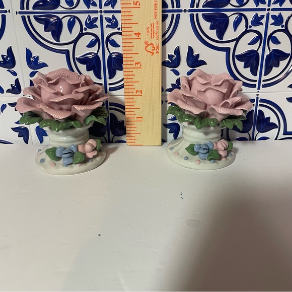 Vintage Set 1970’s Bisque Porcelain Handcrafted Rose Candle Holders on Pedestals - Picture 11 of 13